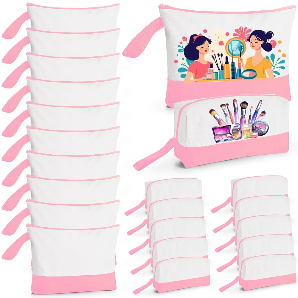 20 Pcs Canvas Makeup Bag with Bottom, 12oz Cotton Cosmetic Bag Set Bulk Multi-Purpose DIY Heat Transfer Makeup Bags with Black Zipper for Bridesmaid Makeup Bag Travel Toiletry Pouch Storage, Pink
