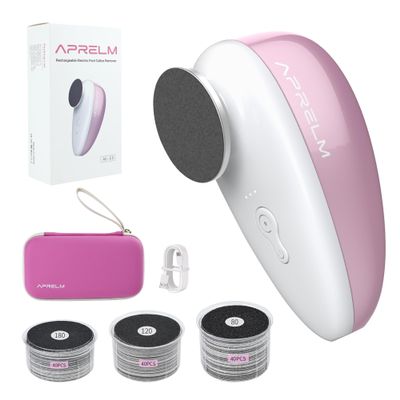 AprElm-E5 Rechargeable Electric Foot Callus Remover with 3-Sizes 120Pcs Sandpapers, Professional 1000RPM Electric Foot File with Organizer, Pedicure Tools Gifts for Women Men (Pink-White)