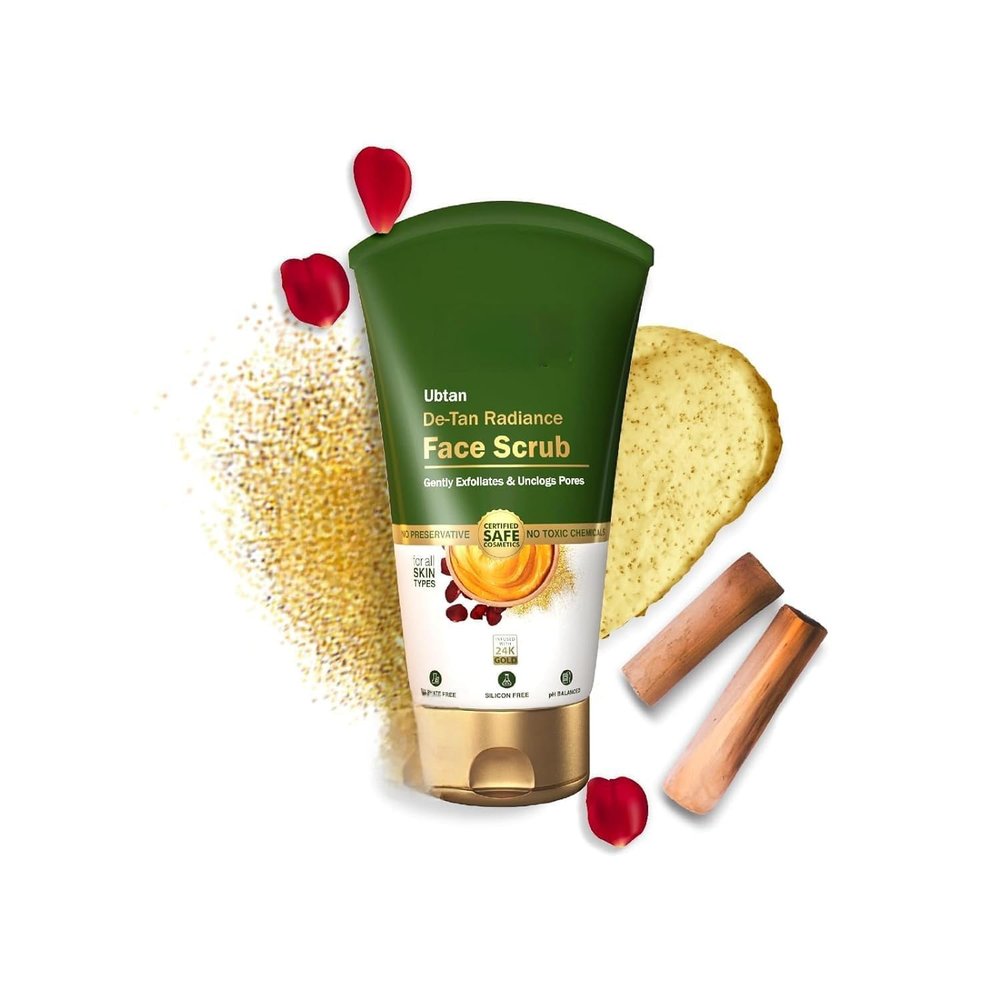 durja Ubtan De-Tan Radiance Face Scrub With 24K. Gold. For Gentle Exfoliation, Unclogs Pores, Glowing & Rejuvenated Skin, Anti-Tan, No Silicon, Sulphates, Comedogenic & Preservatives,100.g.