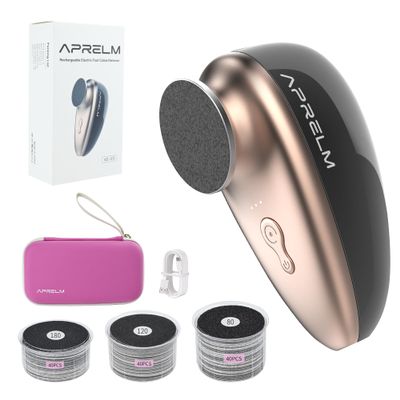 AprElm-E5 Rechargeable Electric Foot Callus Remover with 3-Sizes 120Pcs Sandpapers, Professional 1000RPM Electric Foot File with Organizer, Pedicure Tools Gifts for Women Men (Black-Gold)