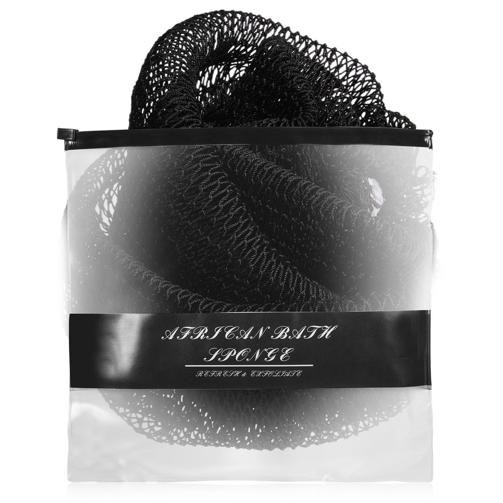 African Net Sponge Authentic for Exfoliating - Extra Knots for Deep Cleansing & Back Scrubbing - Body Scrubber Washcloth for Women & Men - Daily Shower Exfoliator for Smooth, Glowing Skin(Black)