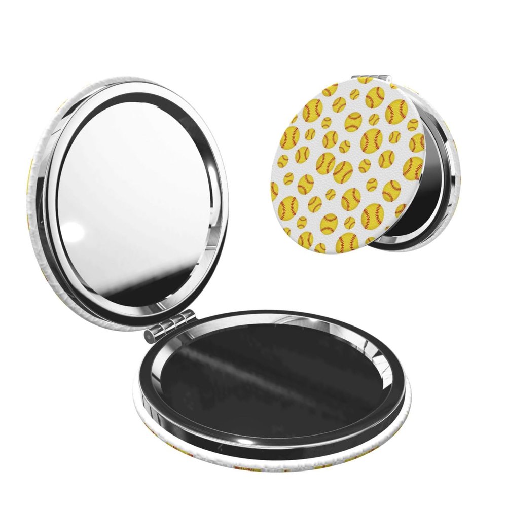 Folding Pocket Mirror, Double-Sided 2X/1X Magnifying Compact Travel Cosmetic Mirror for Womens Purses, Softball Yellow (2.6", Round)