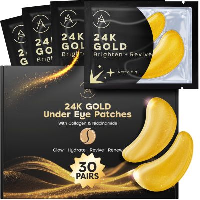 AURAE 24K Gold Under Eye Patches (30 Pairs) - For Dark Circles & Puffiness - Hydrating Eye Mask for a Revitalized Look