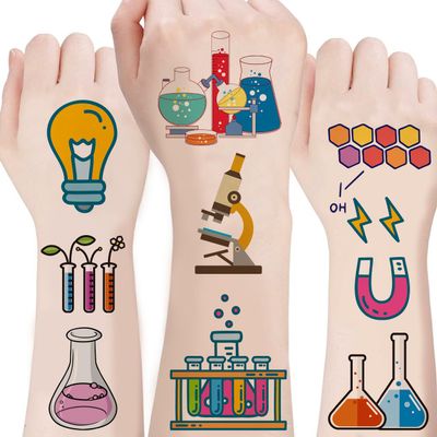 100Sheets Laboratory Temporary Tattoos Birthday Themed Party Supplies Decoration Favors Cartoon Laboratory Sticker for Kids Boys Home Activity Class Prizes Carnival Christmas Rewards