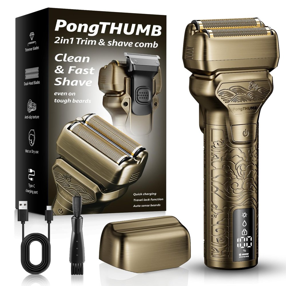 PongTHUMB Electric Razor for Men Face: Rechargeable Foil Shaver with Push-Up Trimmer - Cordless Wet/Dry/Anti-Slip Waterproof Shavers with LED Display - Metal Handheld Design Gold