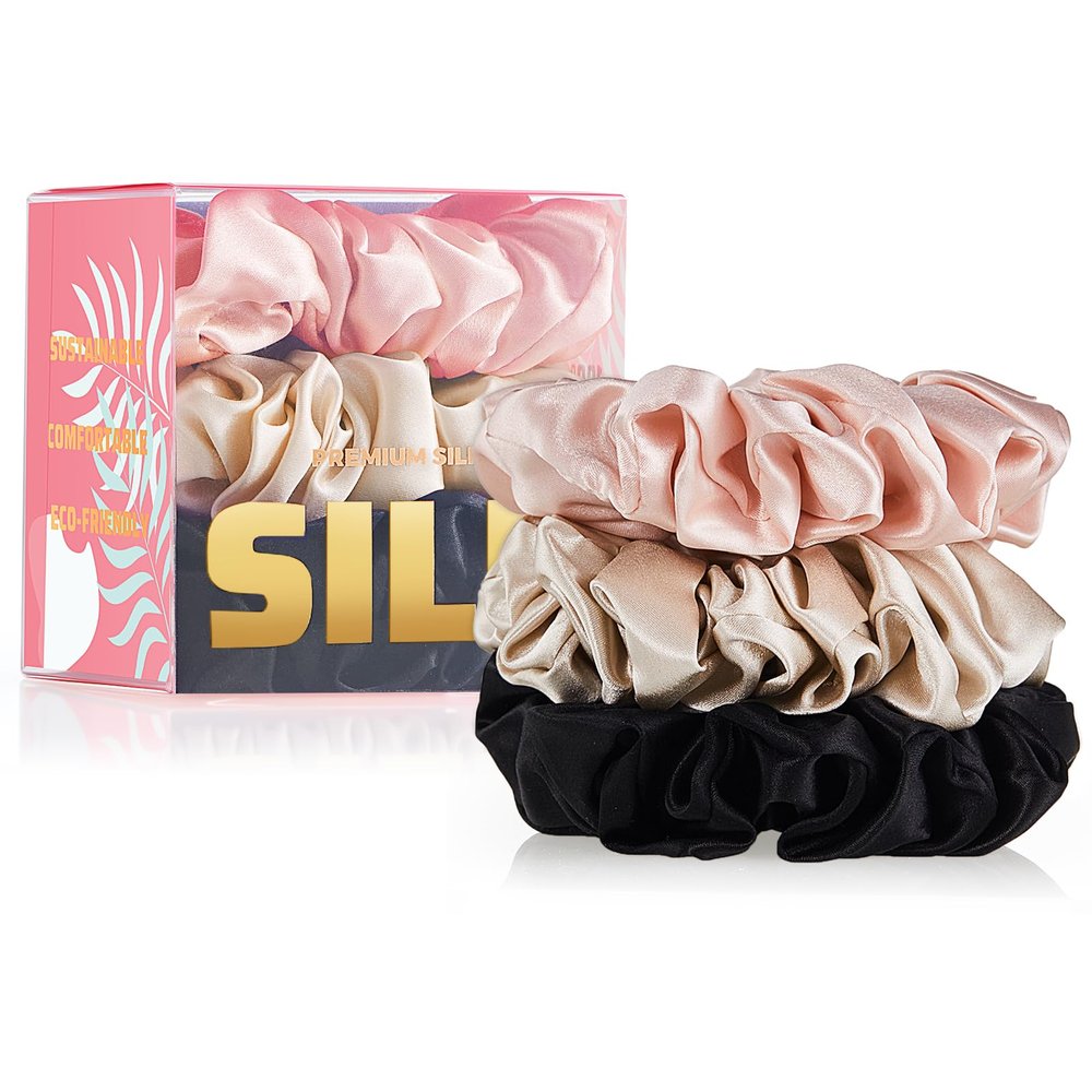 3 Pack Mulberry Silk Scrunchies for Women  22 Momme 6A Grade Hair Ties, Anti-Frizz & Anti-Breakage, Gentle & Safe for All Hair Types, Daily Styling & Overnight Care