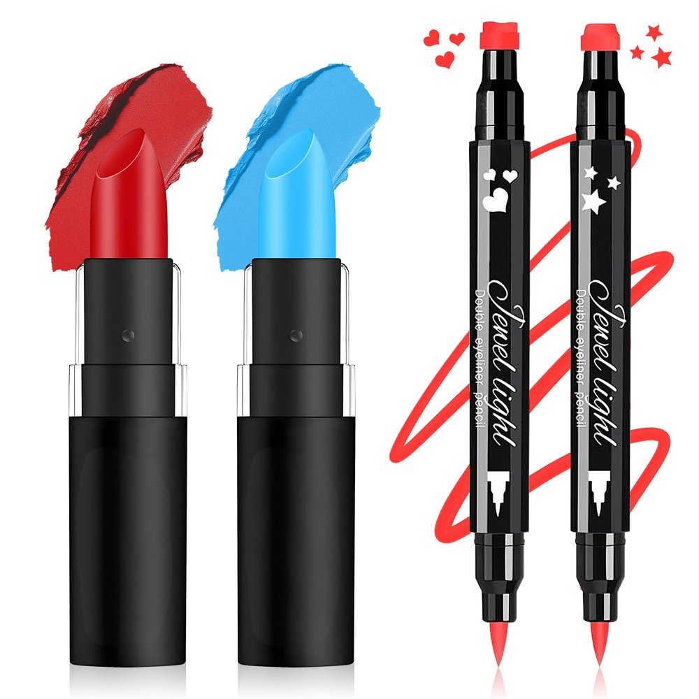 UAOE Face Paint Kit for Halloween Harley Costume Cosplay Party Makeup for Women Girls Kids,Includes Blue and Red Face Paint Stick,Red Liquid Eyeliner Stamp Pen,Professional Face Paint Halloween Makeup