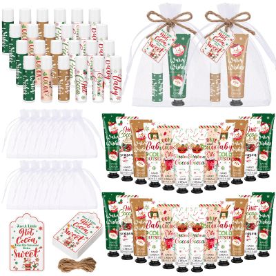 Demissle 24 Pcs Christmas Hot Cocoa Party Favors Hand Cream and Lip Balm Gifts Bulk Xmas Party Stuffers Christmas Stocking Favors Xmas Red Green Hot Cocoa Gifts Set for Baby Shower Guests