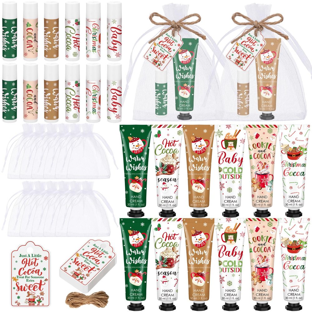 Demissle 12 Pcs Christmas Hot Cocoa Party Favors Hand Cream and Lip Balm Gifts Bulk Xmas Party Stuffers Christmas Stocking Favors Xmas Red Green Hot Cocoa Gifts Set for Baby Shower Guests