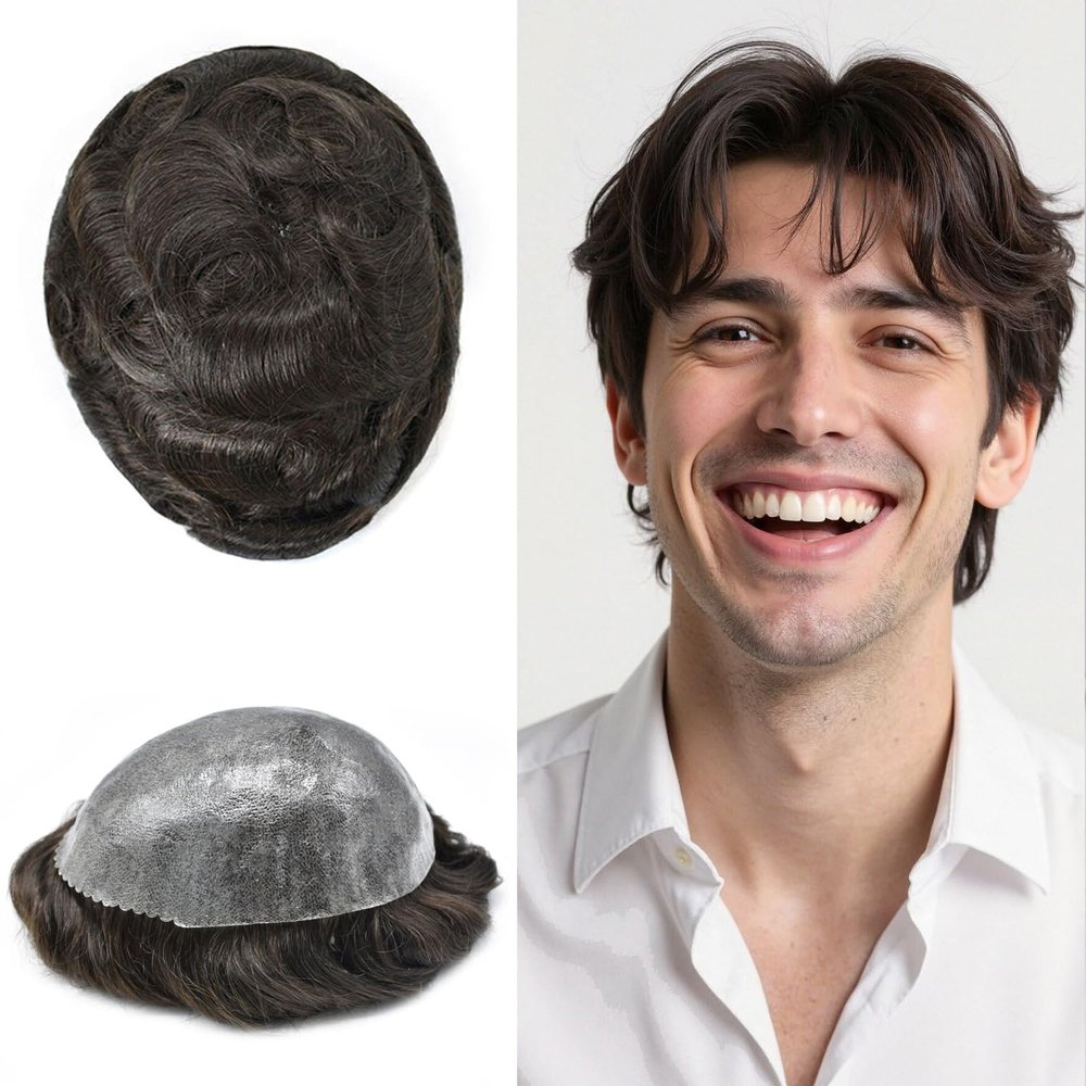 ApexToupees Hair System for Men Hairpiece Human Hair Mens Toupee 0.10mm Poly Skin Hair Replacement Systems for Men Protesis Capilar 5X7-120% density #2 Darkest Brown