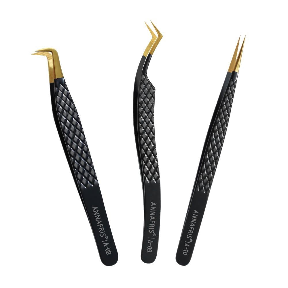 ANNAFRIS Lash Tweezers for Eyelash Extensions,Precision Fiber Tip for Volume Eyelash Extensions,Lash Extension Tweezers for Easy Application and Removal-A03+09+10