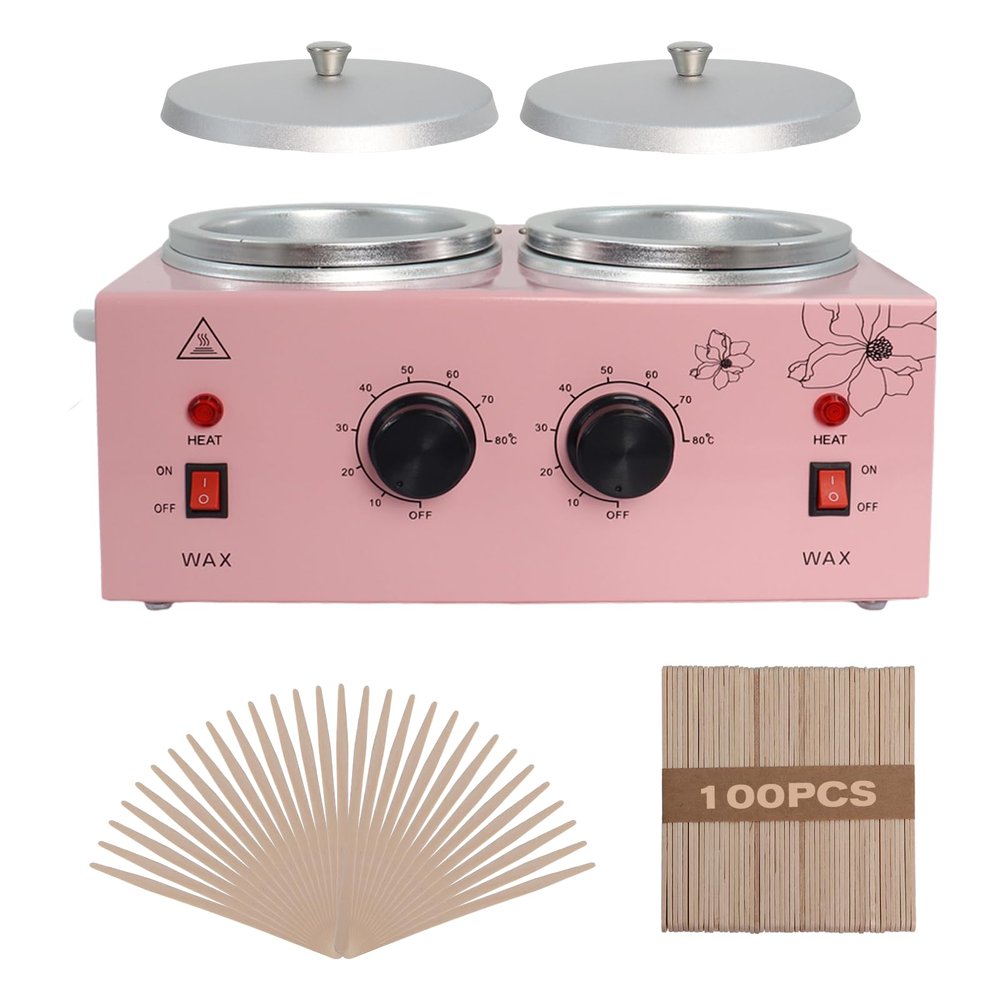 Wax Warmer Double Pot, Professional Electric Heater for Facial, Body, Spa, and Salon, 1.2L Dual Adjustable Temperature with 100 Wooden Craft Sticks, Hair Removal (Pink)