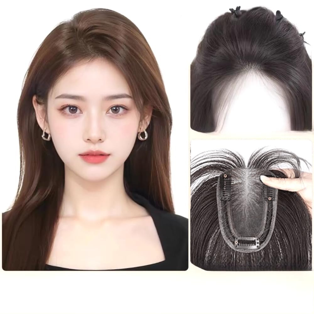 3.1x3.9inch 9.8inch Hand Made Swiss Net Invisible Straight Topper Clip in Hairpiece Human Hair Wiglet for Women Thin Hair (Mocha brown,Middle part)
