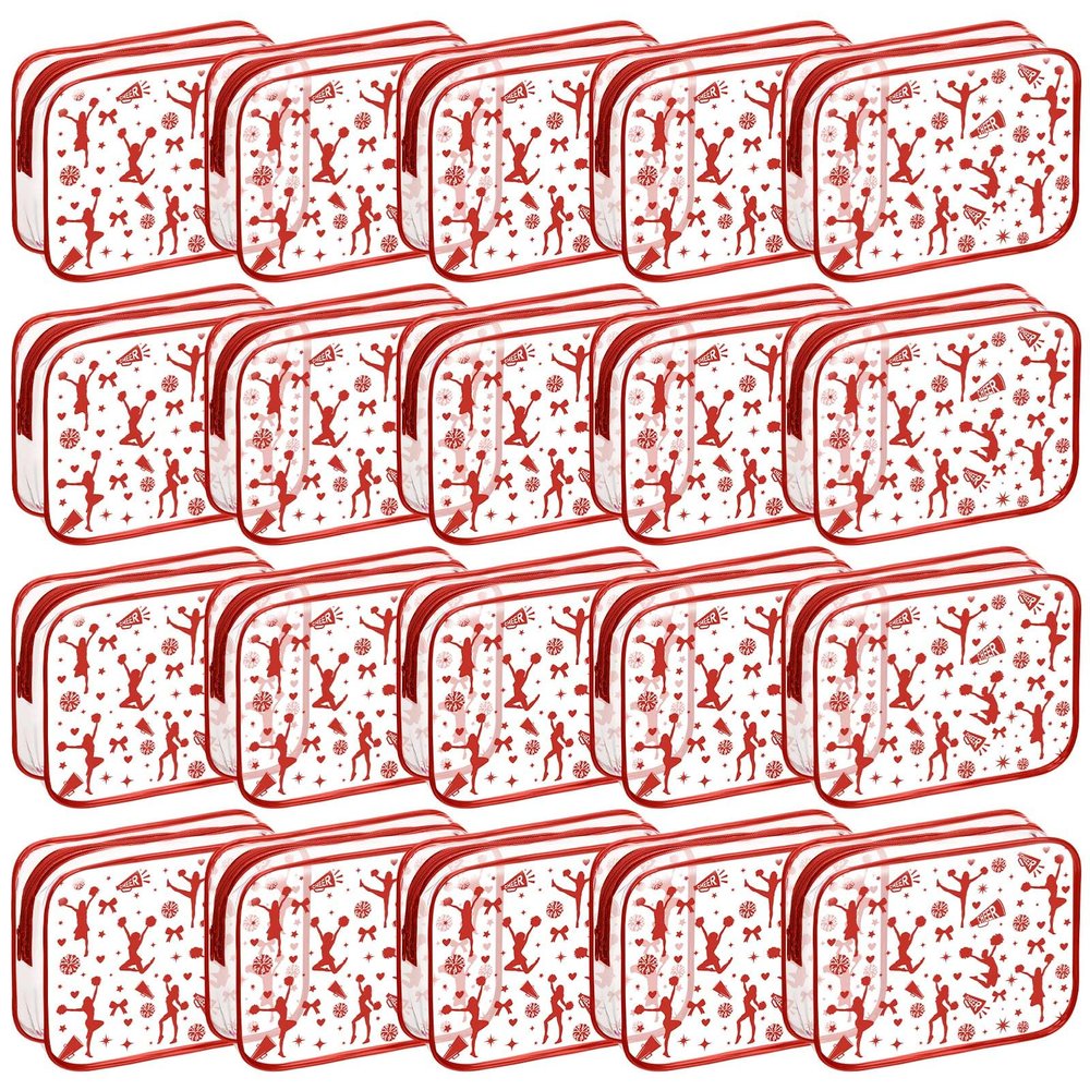 Shinylin 20 Pcs Cheer PVC Makeup Bag Cheer Teams Gifts Clear Makeup Case Cheerleader Teams Gifts Toiletry Zipper Pouch for Cheerleading Teammates Party Supplies,7.9 x 5.9 x 2.4''(Red)