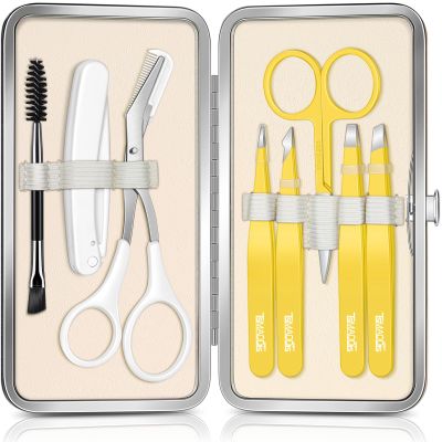 TsMADDTs Eyebrow Trimmer Kit, 8 in 1 Tweezers Set for Women with Eyebrow Trimmer Scissors, Tweezers, Razor, Brush with Travel Bag