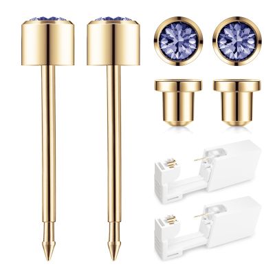 SugarTang Ear Piercing Kit Gold 4mm with Safety Back Disposable Ear Piercing Gun Kit 2 Pack Made in 316L Surgical Stainless Steel | At Home Self Ear Piercer Kit with Preloaded Ear Stud (Tanzanite)