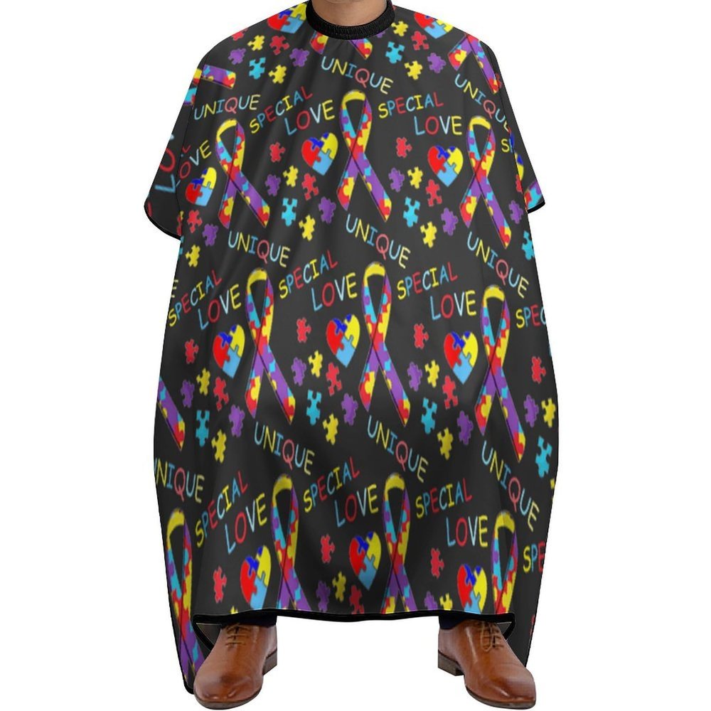 Professional Hair Cutting Cape Large Size Salon Barber Cape for Men Women Colorful Puzzle Autism Awareness Black