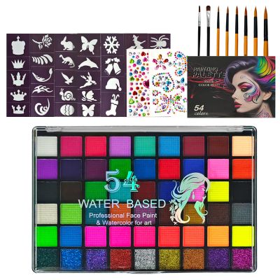 Professional Face Painting Kit, 54 Colors Water Activated Face Paint Makeup Kit with Stencils, Gems, Brushes for Halloween, Carnival, Cosplay, Party, Stage Makeup (54 Colors)
