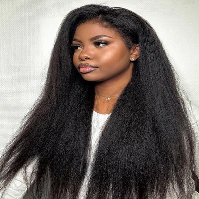 ISEE Glueless Wigs Human Hair Kinky Straight Pre Plucked Pre Cut, 9X6 M Cap HD Lace Closure 180% Density, No Glue, Reay to Wear Wig for Beginner, Natural Color (Kinky Straight, 18 Inch)