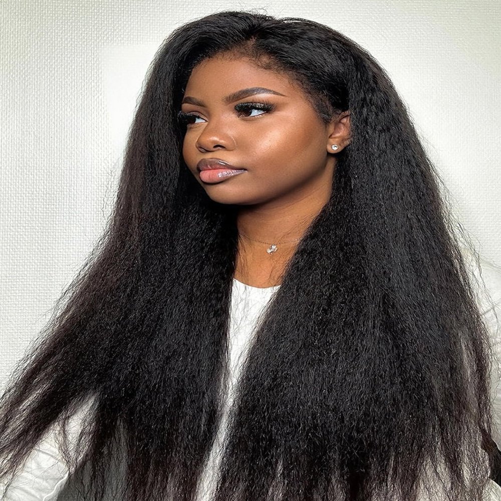 ISEE Glueless Wigs Human Hair Kinky Straight Pre Plucked Pre Cut, 9X6 M Cap HD Lace Closure 180% Density, No Glue, Reay to Wear Wig for Beginner, Natural Color (Kinky Straight, 18 Inch)