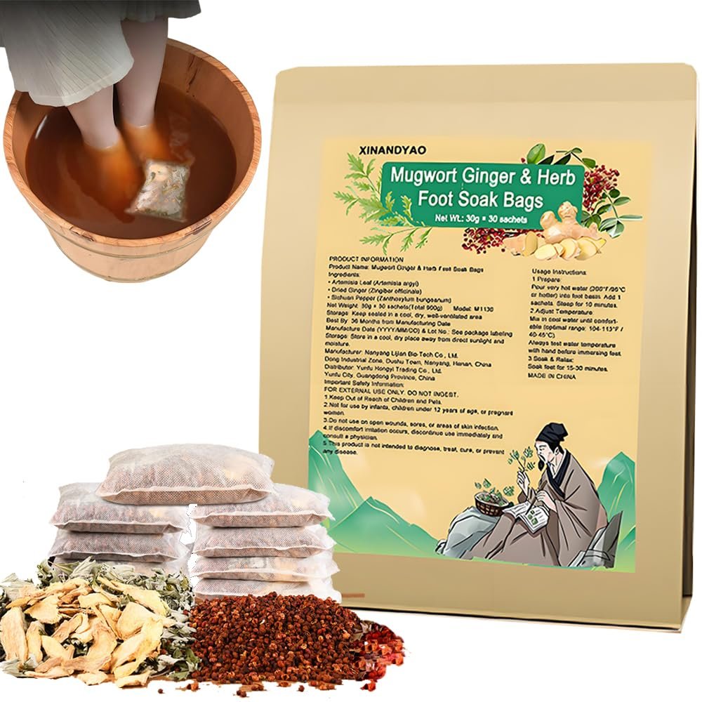 30 PCS Mugwort Ginger Herb Foot Soak Bags 31.7OZ,Lymphatic Drainage Chinese Herbal Wormwood Leg Foot Bath Bag, Chinese Herbal Foot Bath Spa Kits Foot Reflexology Relax