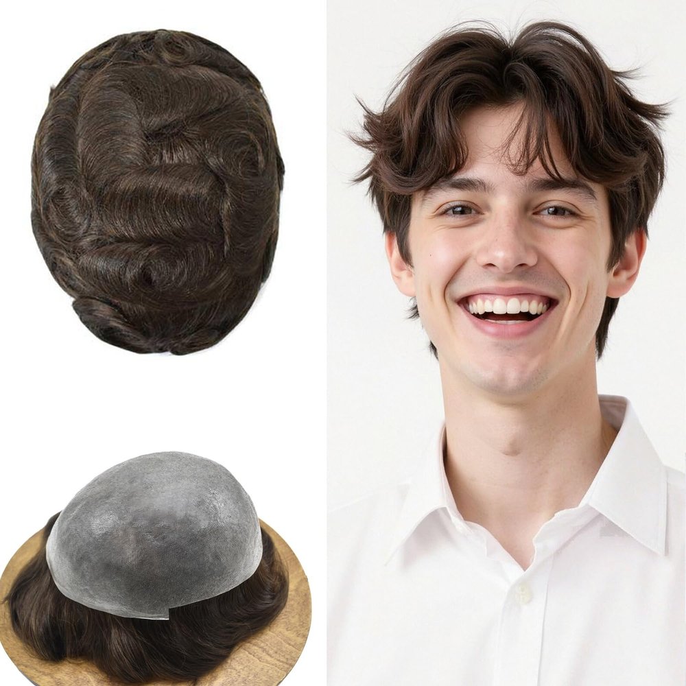 ApexToupees Hair Piece for Men Ultra Thin Skin Hair Replacement System for Men Invisible Mens Toupee Real Human Hair All V-loop Mens Hairpieces 8x10-90% light density#1B80 1B# OFF BLACK+80% GREY