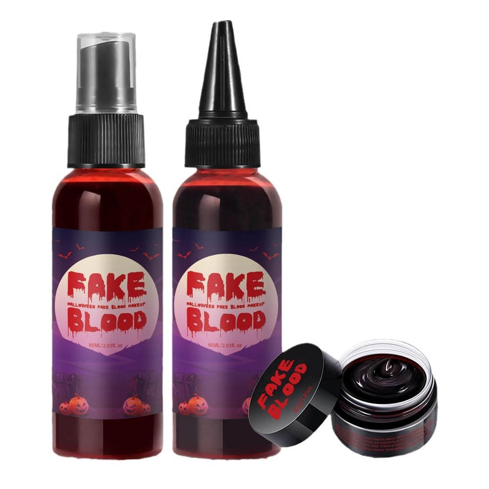 3PCS Halloween Fake Blood Makeup Kit, Washable Fake Blood With Coagulated 1.41oz + Spray 1.76oz + Dripping 1.76oz, BLOOD MakeUp Kit For Sfx, Cosplay, Halloween Makeup, Zombie Vampire Monster