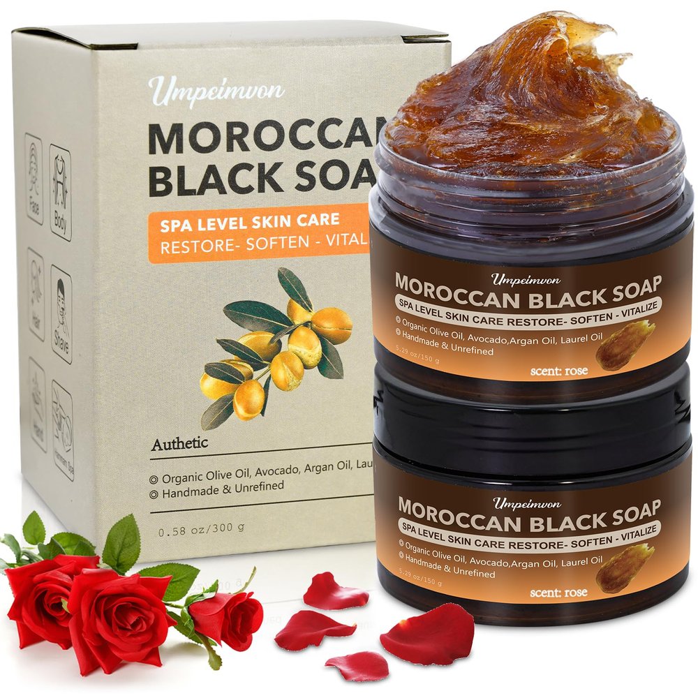 2 PCS Moroccan Black Soap with Argan and Rose Oil, SPA Level Handmade Black Beldi Soap Exfoliating and Softening, Natural and Organic for Face, Body, Hair and Shave, Rose Scent, 5.29 oz/150 g