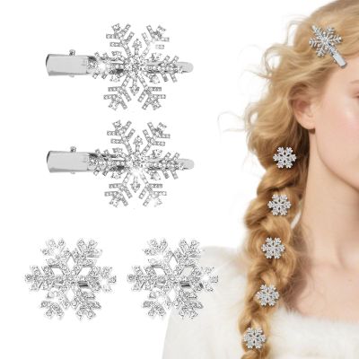 WHAVEL 4Pcs Rhinestone Snowflake Hair Clips Christmas Sparkly Metal Alligator Clips Silver Crystal Hair Barrettes Hairpins for Bride Wedding Winter Accessories for Women Gils