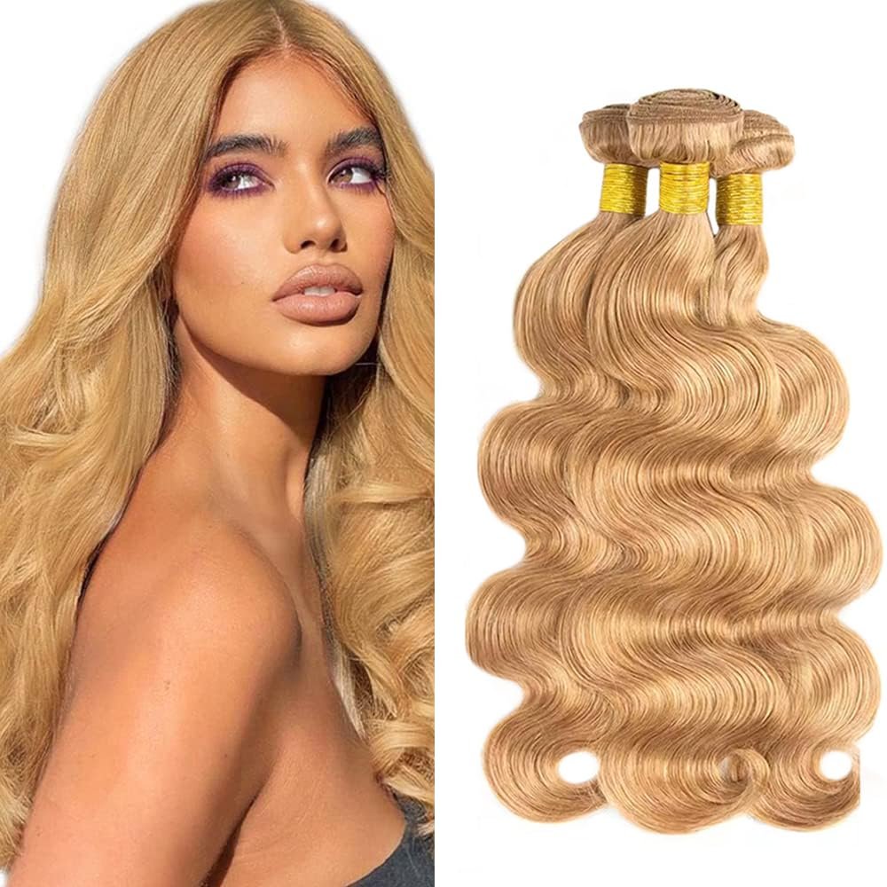 Blonde Bundles Human Hair Body Wave Bundles 12 14 16 Inch Unprocessed Brazilian Virgin Remy Hair 3 Bundle #27 Honey Blonde Body Wave Human Hair Extensions For Women 50 Gram Per Bundle