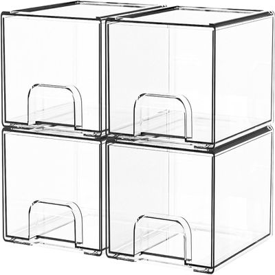 4 Pack Stackable Makeup Organizer, Acrylic Drawer Containers Bathroom Makeup Organizer and Storage, Small Storage Bins for Vanity, Undersink, Bathroom, Pantry, Kitchen Cabinets (Clear_4pcs)