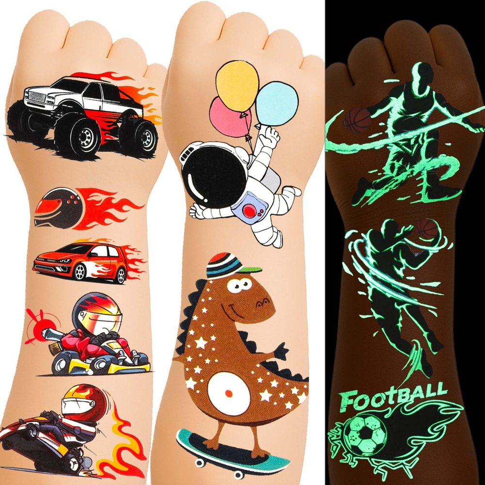 150+ Glow Kids Temporary Tattoos for Boys  Individually Wrapped, Waterproof, Glow in the Dark  Dinosaur, Ocean, Sports, Space