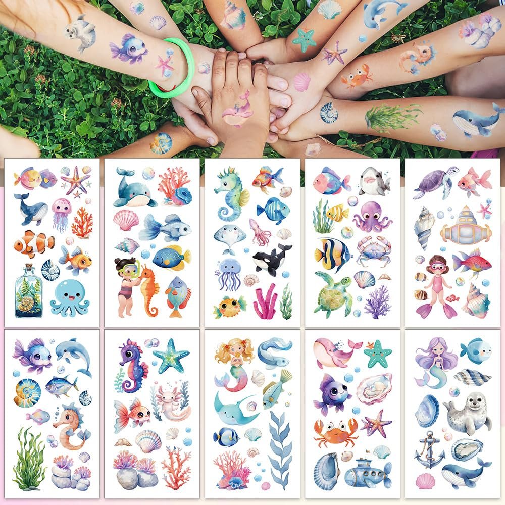 100 Pcs Ocean Animals Temporary Tattoos, Washable Sea Creature Tattoos Stickers, Ocean Theme Party Tattoos, Under The Sea Party Decorations for Parties, Classrooms
