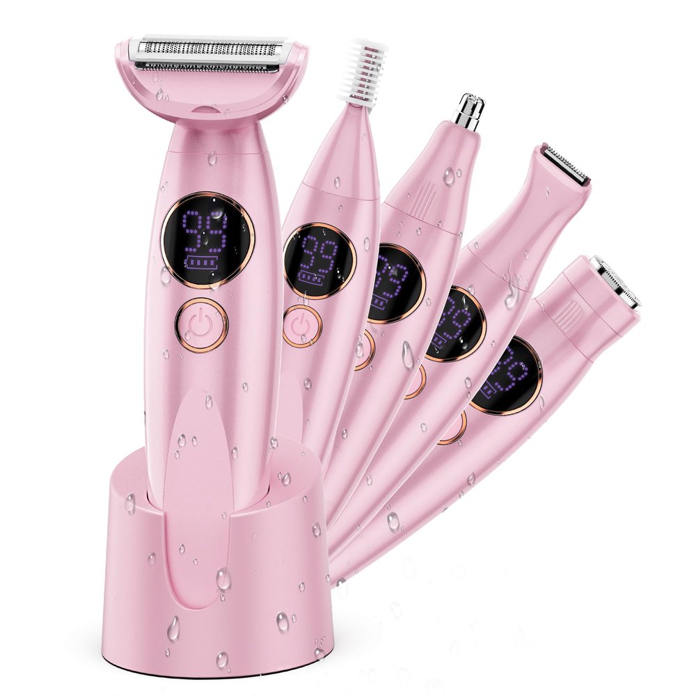 Karrte 5-in-1 Electric Razor for Women's Pubic Hair, Painless Body Shaver and Facial Epilator, Hair Removal for Face, Bikini Trimmer for Women's Private Area Pink