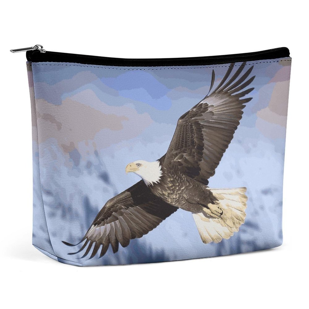 KMRHOUTIQ Small Makeup Bag with Zipper Bald Eagle Flying Travel Toiletry Bag for Women Leather Cosmetic Bags for Purse Waterproof Portable Zippered Pouch Personalized Mini Make Up Case Organizer