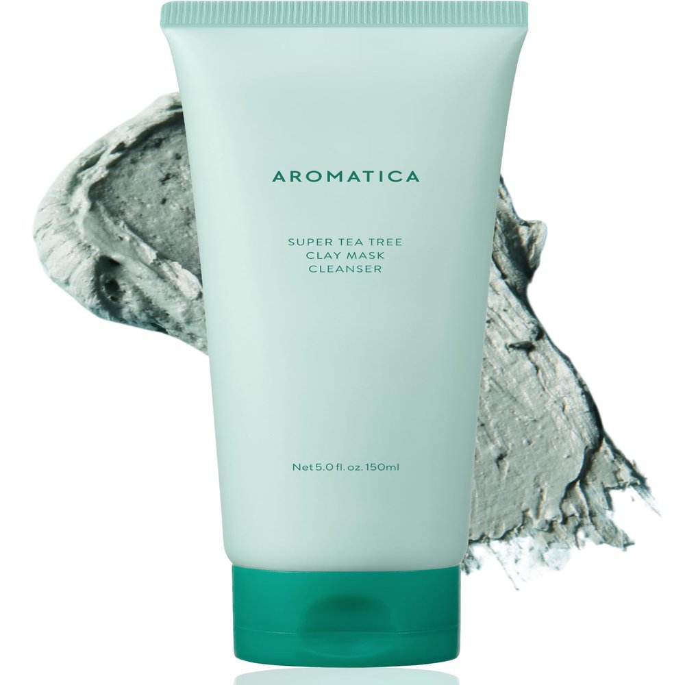 AROMATICA Super Tea Tree Clay Mask Cleanser, Blackhead Remover & Pore Minimizer for Face, Korean Face Wash with Tea Tree Oil, 2 In 1 Acne Skin Care Clay Mask & Cleanser, Oil control (5.0 fl oz)