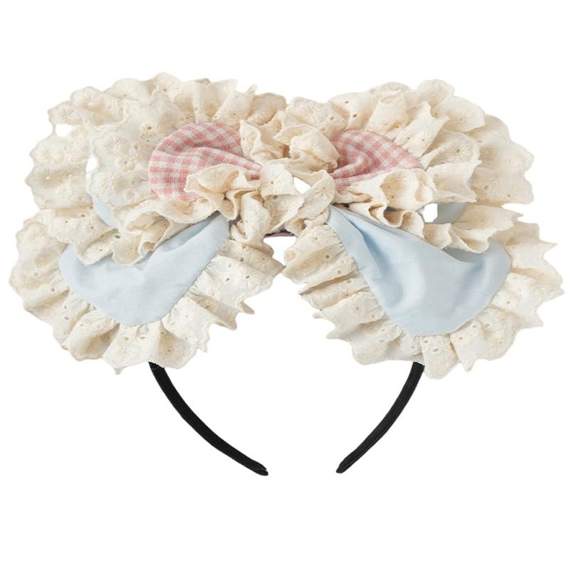 TTYAO REII Kawaii Big Bow Lace Headband for Women Bowknot Hairband Elegant Hair Hoop Lolita Accessories for Tea Party (Beige Blue Pink, M)