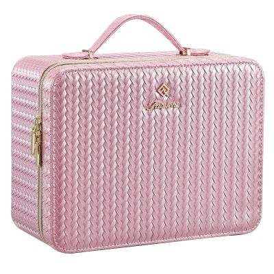 Leather Makeup Case with LED Lighted Mirror 11.4 Inch Travel Makeup Bag Adjustable Brightness in 3 Colors Cosmetic Organizer Artist Storage Bag with Dividers Brush Holder Bag Vanity Shiny Pink