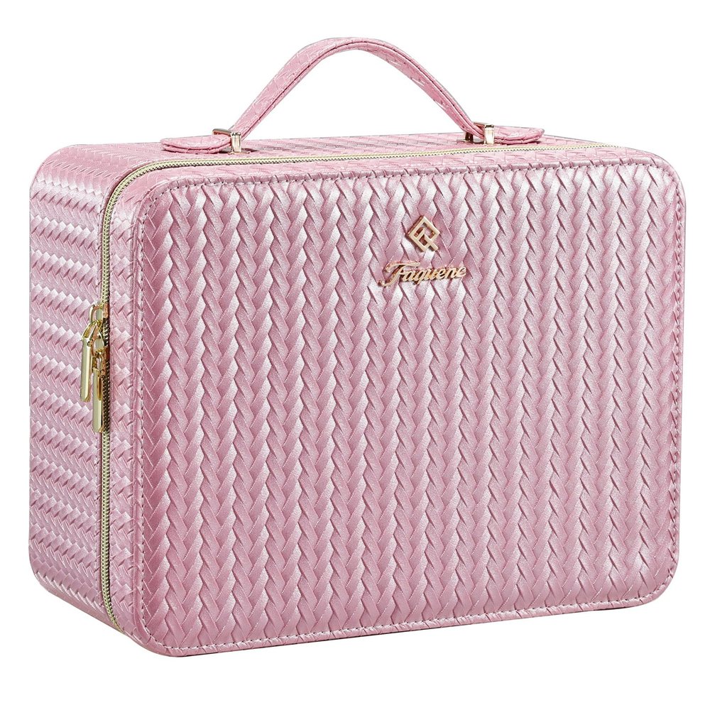 Leather Makeup Case with LED Lighted Mirror 11.4 Inch Travel Makeup Bag Adjustable Brightness in 3 Colors Cosmetic Organizer Artist Storage Bag with Dividers Brush Holder Bag Vanity Shiny Pink