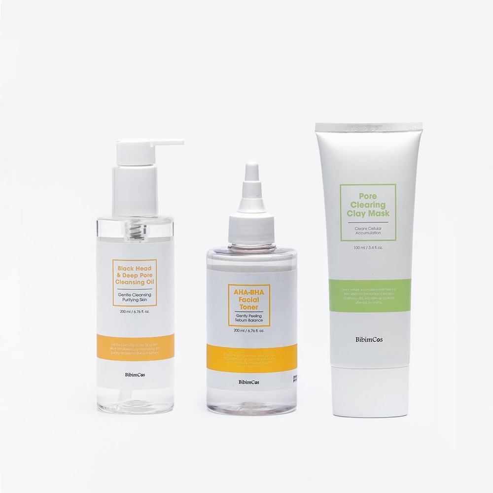 Bibimcos Fiddy Method 3Piece Pore Cleansing & Care Set  AHABHA Toner, Clay Mask & Oil Cleanser for Blackhead Removal & Deep Pore Care