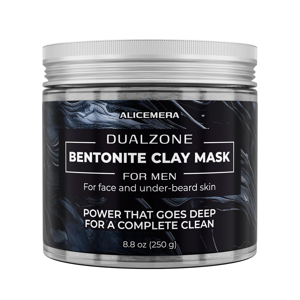 Alicemera DualZone Bentonite Clay Mask for Men Face & Under-Beard Pore Cleanser with Volcanic Soil, Tea Tree & Niacinamide Oil Control & Hydrating Facial Mask 8.8 oz