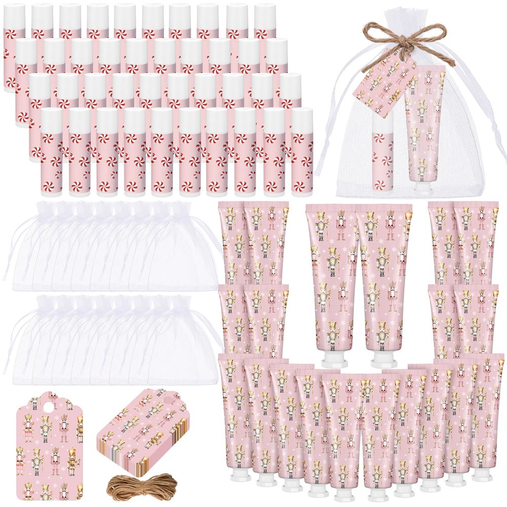 Dansib 24 Sets Christmas Pink Nutcracker Hand Cream and Candy Lip Balm Gift Christmas Party Favors Travel Size Hand Lotion and Lip Balm Bulk Wedding Bridal Baby Shower Party Supplies for Guest