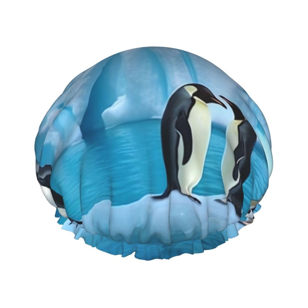 Penguins On The Iceberg Shower Cap for Women Men Double Layer Waterproof Bath Cap Elastic Reusable Shower Hat Bath Hair Wrap Hat Washable Shower Bonnet for Long Hair, Braids