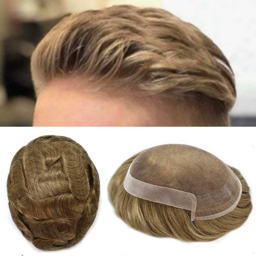 Hair Wonders Mens Toupee Human Hair Replacement System Natural Lace Front Toupee Hair Systems for Men Hairpieces Protesis Capilar 6''X9'' #7 Very Light Brown