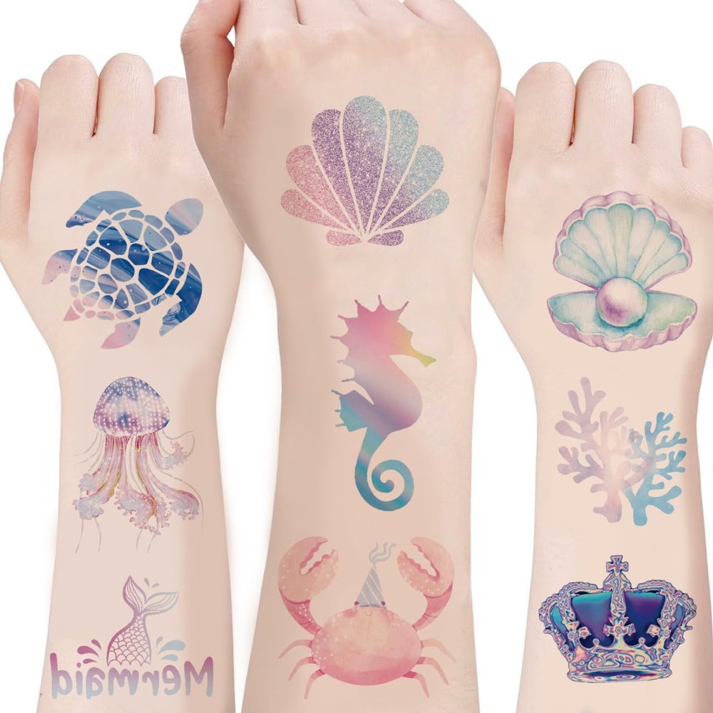 100pcs Ocean Animal Temporary Tattoos Stickers Under The Sea Party Decorations Ocean Party Favors Supplies Accessories Under The Sea Themed Birthday Decorations Mermaid Gift Idea For teens(B)