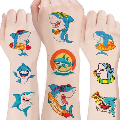 100PCS Shark Temporary Tattoos Sticker Sea Animal Fish Under The Sea Ocean Birthday Party Decorations Decor Favors Supplies Gifts Cute Fake Tattoo School Reward Themed (Shark)
