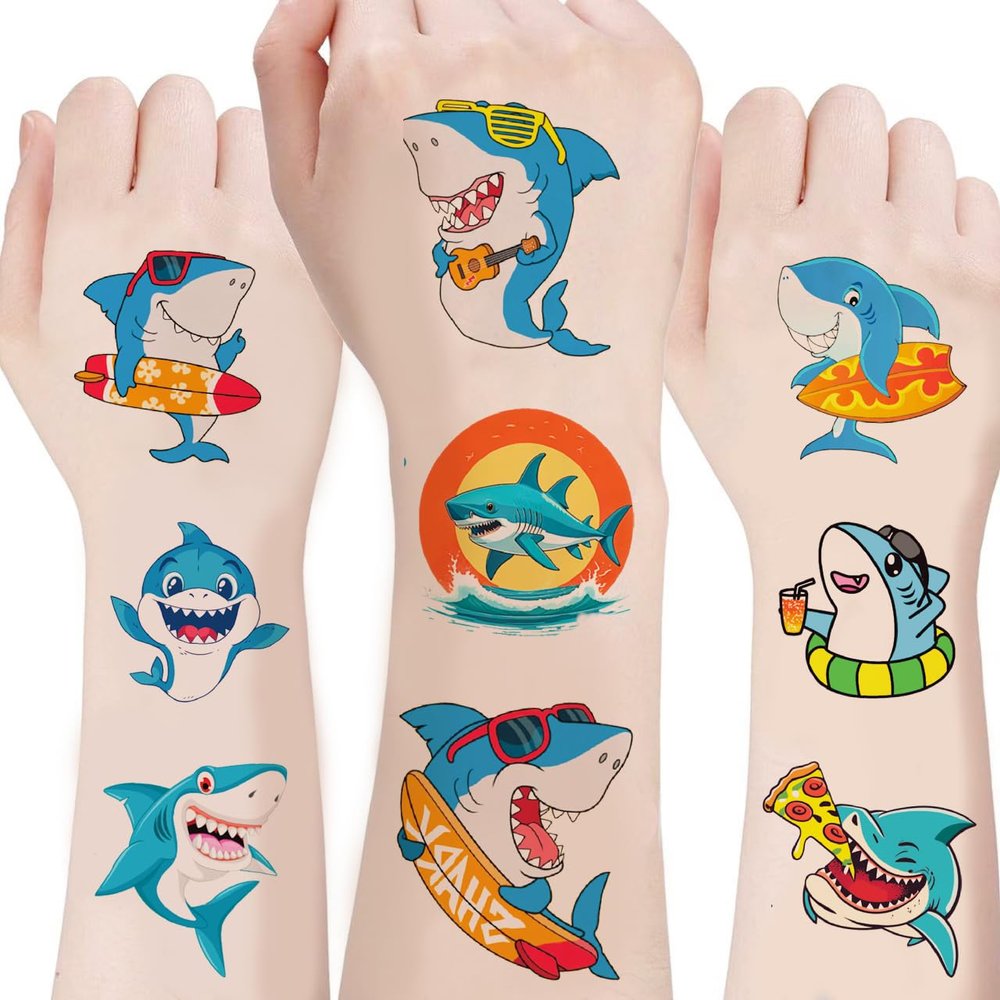 100PCS Shark Temporary Tattoos Sticker Sea Animal Fish Under The Sea Ocean Birthday Party Decorations Decor Favors Supplies Gifts Cute Fake Tattoo School Reward Themed (Shark)