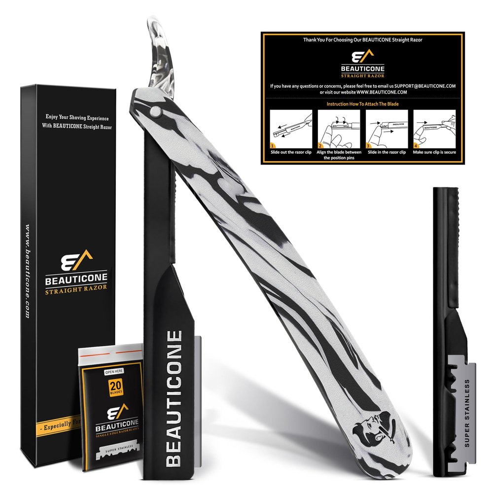BEAUTICONE Straight Razors for Men  Professional Barber Straight Edge Razor Kit with Replaceable Single Edge Blades - Navajas Para Barbero - Pouch Gift Box 1.2 mm Exposed for Close Shave Ultra Light