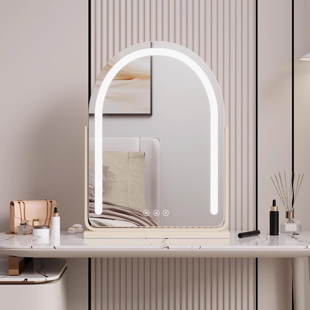 HTLTGBAM Arched Desktop Vanity Mirror 360 Rotation Dressing Table Mirror with 3 Color Dimmable, Touch Switch Control(49 * 73cm)