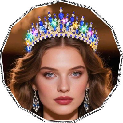 Yean Light Up Rhinestone Crown Gold Baroque Crowns Tiaras Queen Bridal Hair Accessories for Women (Gold+Blue, One Size)